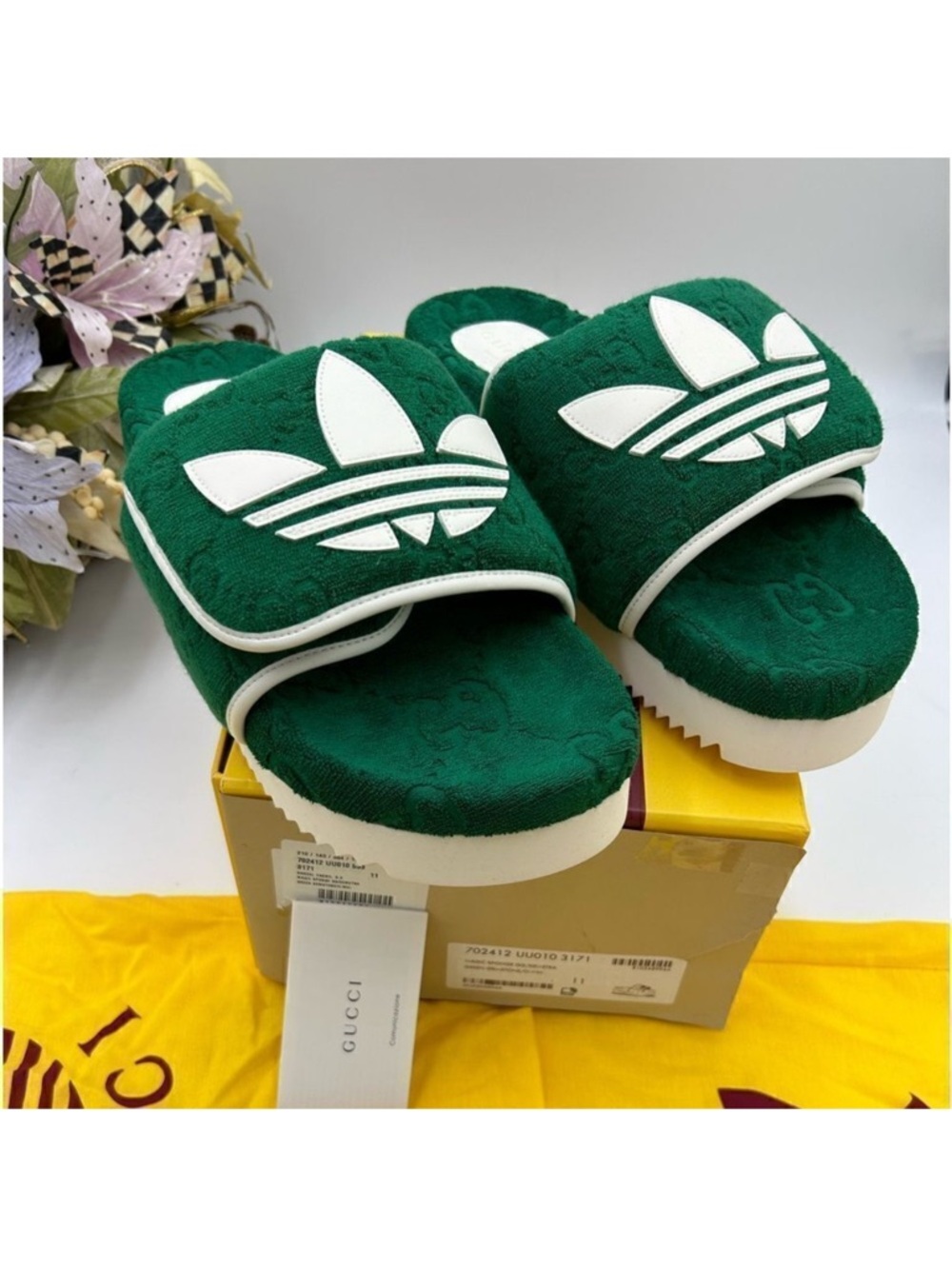 Gucci Green Mens GUCCI X ADIDAS  Plush Slide .limited edition . GG monogram